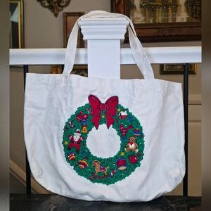 Vintage 90s Christmas Wreath Tote Bag 19" Canvas Holiday Shopping Applique